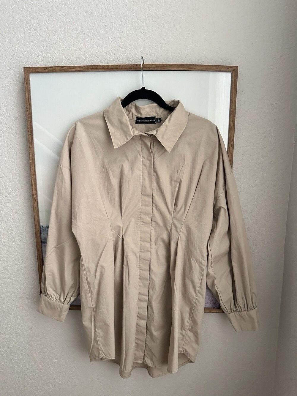 PrettyLittleThing Beige Taupe Fitted Waist Shirt Dress Mini Collared US 10